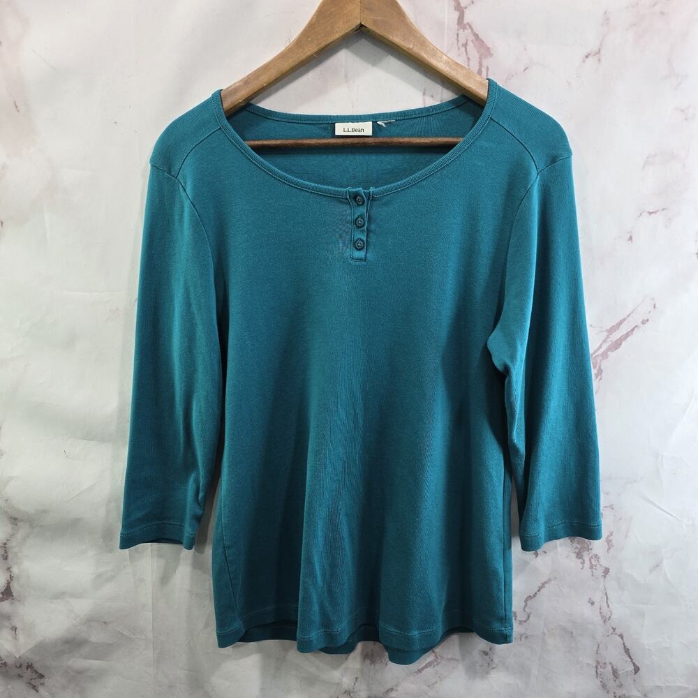 LL Bean Shirt Womens Medium Green Spruce Henley Cotton Tee T Capsule